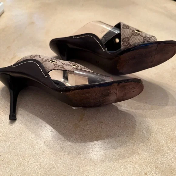 Gucci Black and Brown Mules with Gold Accents